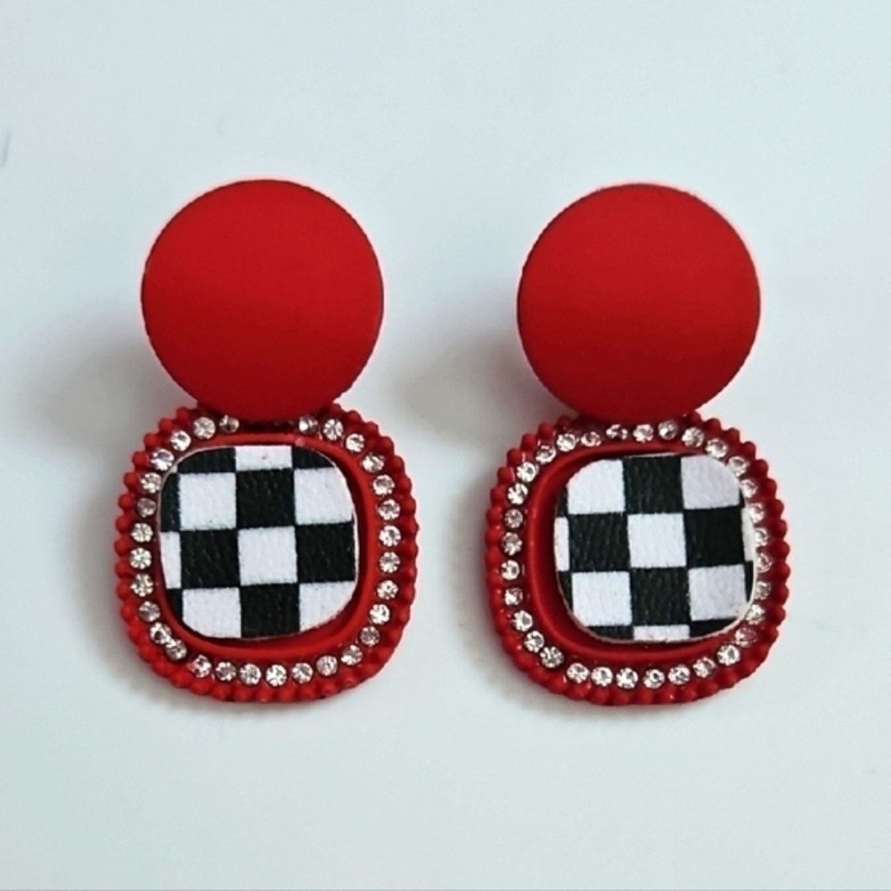 Red, Black, and White Checkered Stud Earrings with Rhinestones, NWT!